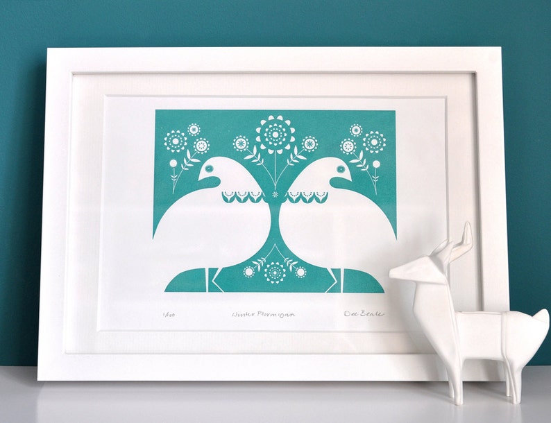 Winter Ptarmigan in Turquoise Hand Pulled, Signed, Gocco Screen Print image 5