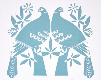 Winter Doves in soft blue - Signed Open Edition Giclee Print