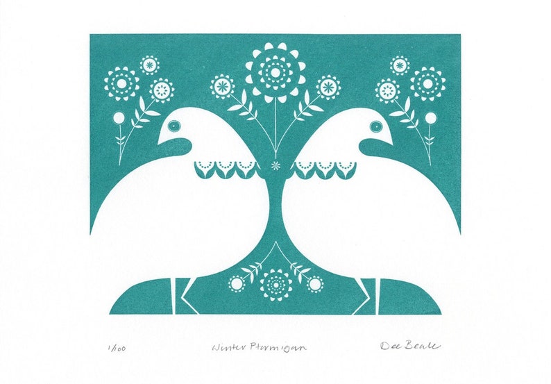 Winter Ptarmigan in Turquoise Hand Pulled, Signed, Gocco Screen Print image 1