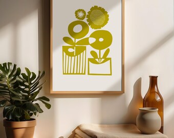 Flower Pots in Olive - An open edition giclee print from an original paper cut illustration