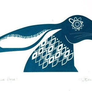 Blue Hare Hand Pulled, Signed, Gocco Print image 2