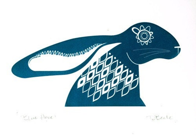 Blue Hare Hand Pulled, Signed, Gocco Print image 2