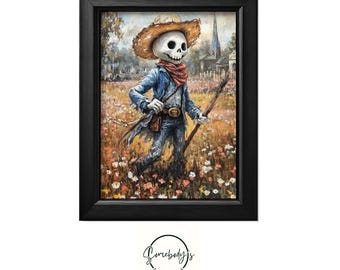 Cowboy Skeleton Art Print | Vintage Western Halloween Wall Art | Spooky Cowboy Decor | Digital Download for Fall and Halloween