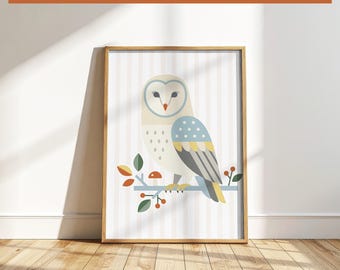 Lámina infantil con diseño de búho - Arte digital de bosque escandinavo - Decoración neutra para habitación de bebé - Póster imprimible - Habitación infantil moderna