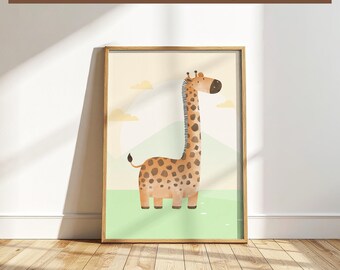 Lámina infantil de jirafa - Arte mural de animales de safari / Decoración neutra para habitación de bebé - Póster imprimible para habitación infantil - Decoración moderna
