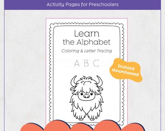 Colorear y trazar letras - Libro sencillo para colorear para niños pequeños - Hoja de actividades preescolares - Imprimibles del abecedario - Cuaderno de actividades del alfabeto para niños pequeños