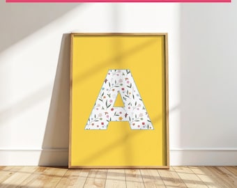Lámina digital con monograma para habitación infantil - Arte mural floral moderno para niños - Decoración escandinava para habitación infantil - Decoración para habitación de niña - Flores en tonos pastel
