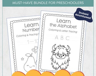 Cuaderno de trabajo para trazar el alfabeto y los números - Páginas para colorear imprimibles del abecedario y los números - Actividades de aprendizaje preescolar - Paquete educativo para niños pequeños