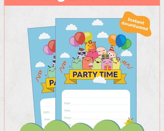 Invitación de cumpleaños con monstruos: invitación para fiesta infantil con monstruos coloridos y globos (descarga instantánea).