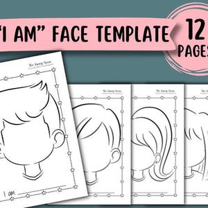 Puede incluir: Un conjunto de 12 plantillas de caras imprimibles para niños. Cada página presenta un contorno de cara diferente con varios peinados, listo para colorear y personalizar. El texto "I AM" y "FACE TEMPLATE" es visible.