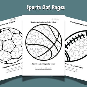 Könnte beinhalten: Drei ausdruckbare Arbeitsblätter mit Sportbällen: ein Fußball, ein Basketball und ein Football. Jedes Blatt hat ein Punkt-zu-Punkt-Design und Anweisungen zum Nachzeichnen des Namens des Sports mit einem Bleistift oder Buntstift.