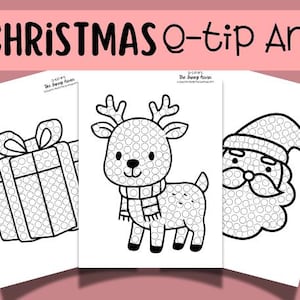 Op de afbeelding: Drie zwart-wit kerst Q-tip kunst printables. De afbeeldingen bevatten een cadeau, een rendier met een sjaal en de kerstman. De tekst "CHRISTMAS Q-tip Art" staat bovenaan.