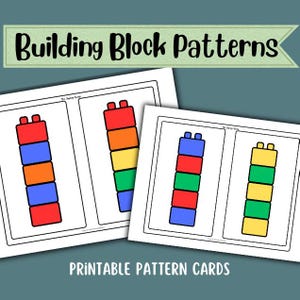 Könnte beinhalten: Druckbare Musterkarten mit farbenfrohen Bausteinmustern. Die Karten zeigen verschiedene Blockanordnungen in Rot, Blau, Orange, Grün und Gelb. Der Text "Building Block Patterns" und "Printable Pattern Cards" sind sichtbar.
