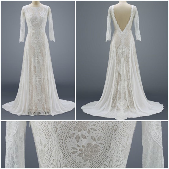 Twist Lace Long Sleeve Low Back Wedding Dress Romantic Etsy