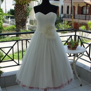 Polka Dot Tea Length Wedding Dress: Custom Corset Gown