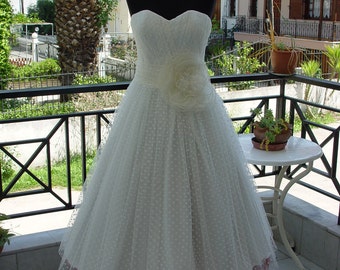 Polka Dot Wedding Dress Tea Length Wedding Gown