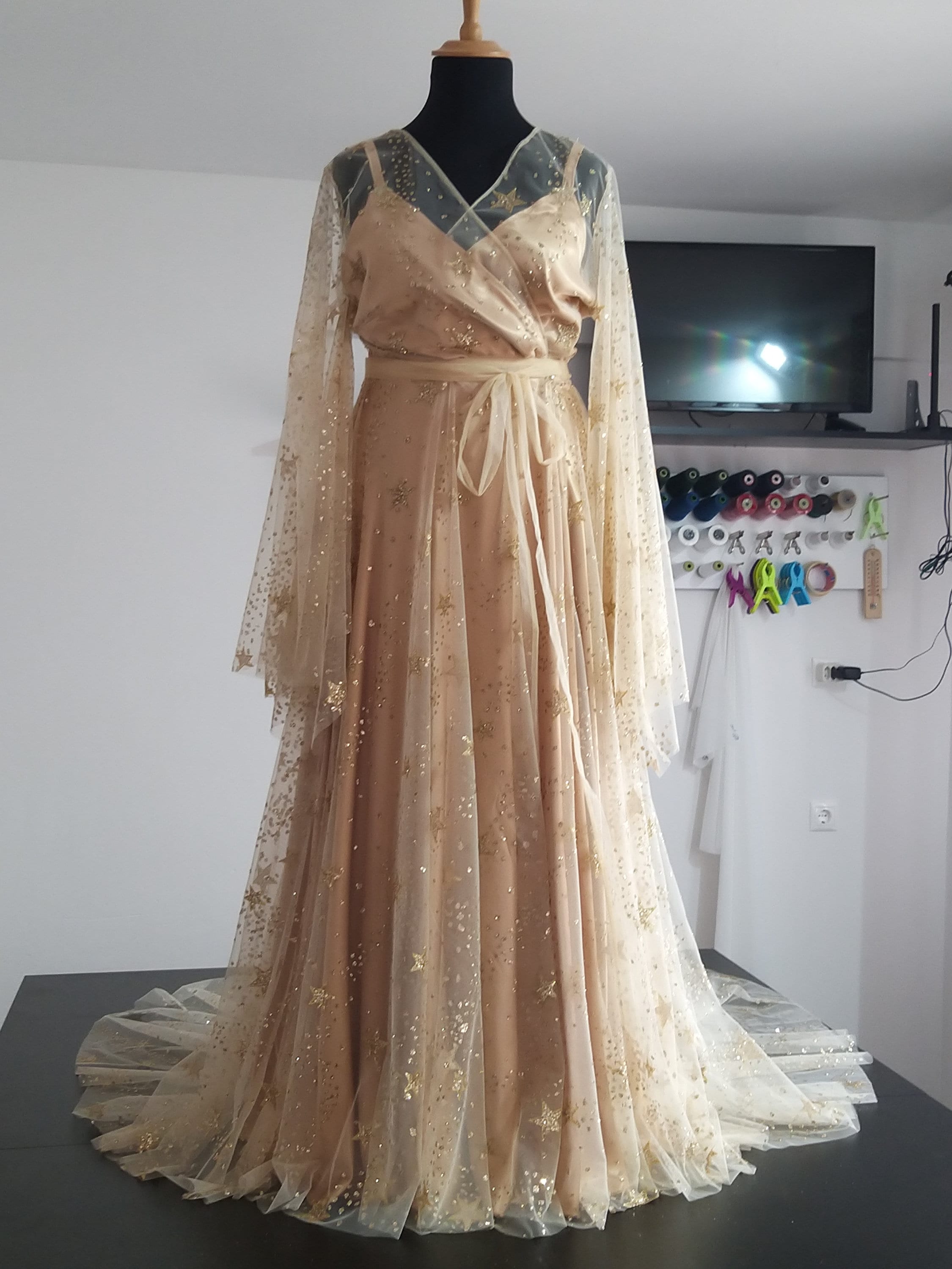 Gold Star Celestial Wedding Dress: Sparkling Wrap Gown - Etsy Gold Star Celestial Wedding Dress: Sparkling Wrap Gown - Etsy