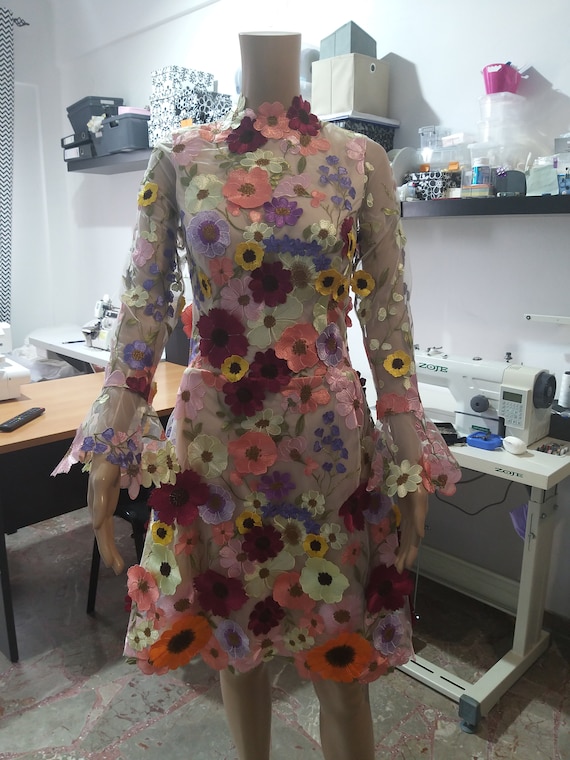 Floral Dress,long Sleeve 3D Floral Lace Dress,lace Short