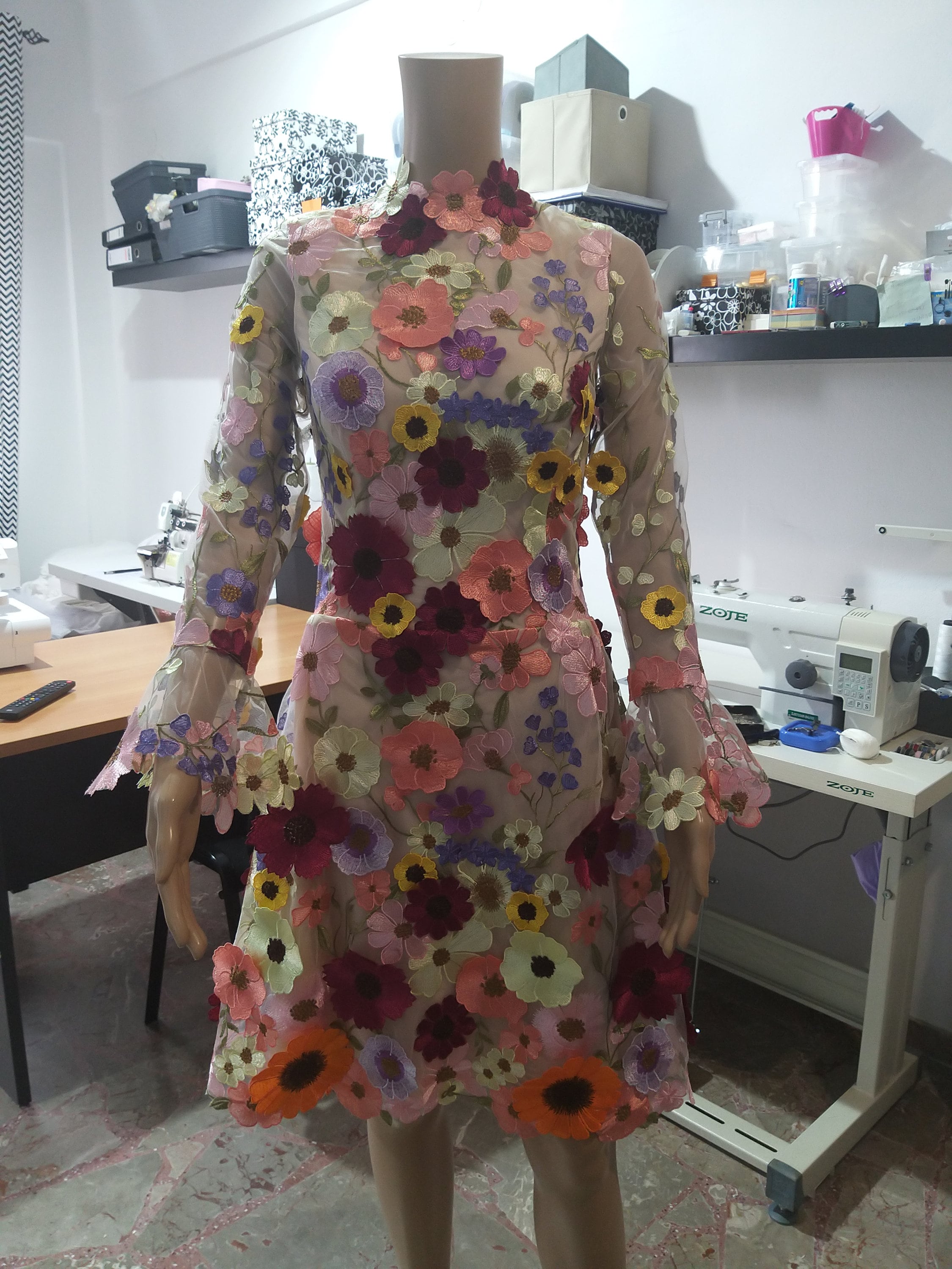 Floral Dress,long Sleeve 3D Floral Lace Dress,lace Short
