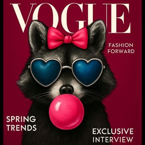 Puede incluir: Portada de la revista Vogue con un mapache con gafas de sol en forma de corazón y un lazo rosa. El mapache está soplando una burbuja de chicle. La portada incluye el logo de Vogue y las frases "Fashion Forward", "Spring Trends" y "Exclusive Interview".
