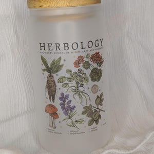 May include: Frosted glass tumbler with a bamboo lid. The tumbler features the word "Herbology" and illustrations of various plants, including a mandrake, mushrooms, and flowers. The text "Hogwarts School of Witchcraft and Wizardry" is also present.