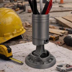 Könnte beinhalten: Grauer Schreibtisch-Organizer in Form eines Motor-Kolbens, der Stifte und Marker enthält. Der Organizer steht auf einer Blaupause, mit einem gelben Helm und einem Maßband im Hintergrund. Ein einzigartiges Schreibtischzubehör.