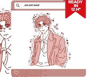 May include: A digital illustration of a person with short brown hair wearing a pink blazer and white shirt. The illustration is surrounded by pink hearts and stars. The text "JXN ART SHOP" is at the top of the image. The text "READY IN 12 H*" is in a red banner at the top right of the image.