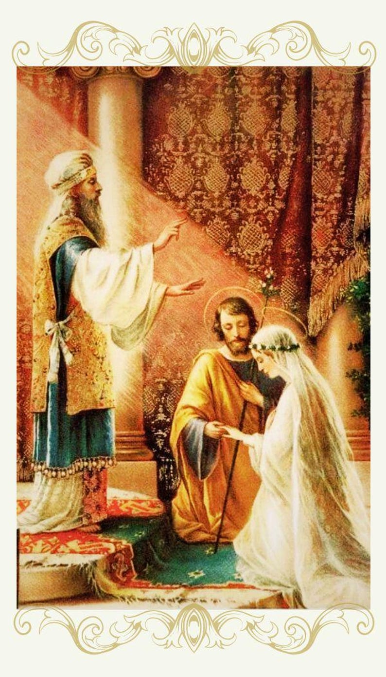May include: A painting depicting a religious wedding ceremony. A man in a long robe with a beard and a crown is standing and gesturing with his right hand. A man and a woman are kneeling in front of him. The woman is wearing a white veil and a crown. The man is wearing a yellow robe. The background is a red and gold patterned curtain.