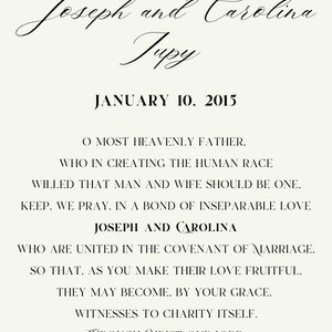 May include: A prayer for the marriage of Joseph and Carolina Jupy on January 10, 2015. The text includes a quote from the Bible, "This at last, is bone of my bones, and flesh of my flesh!"  Gen 2:23.