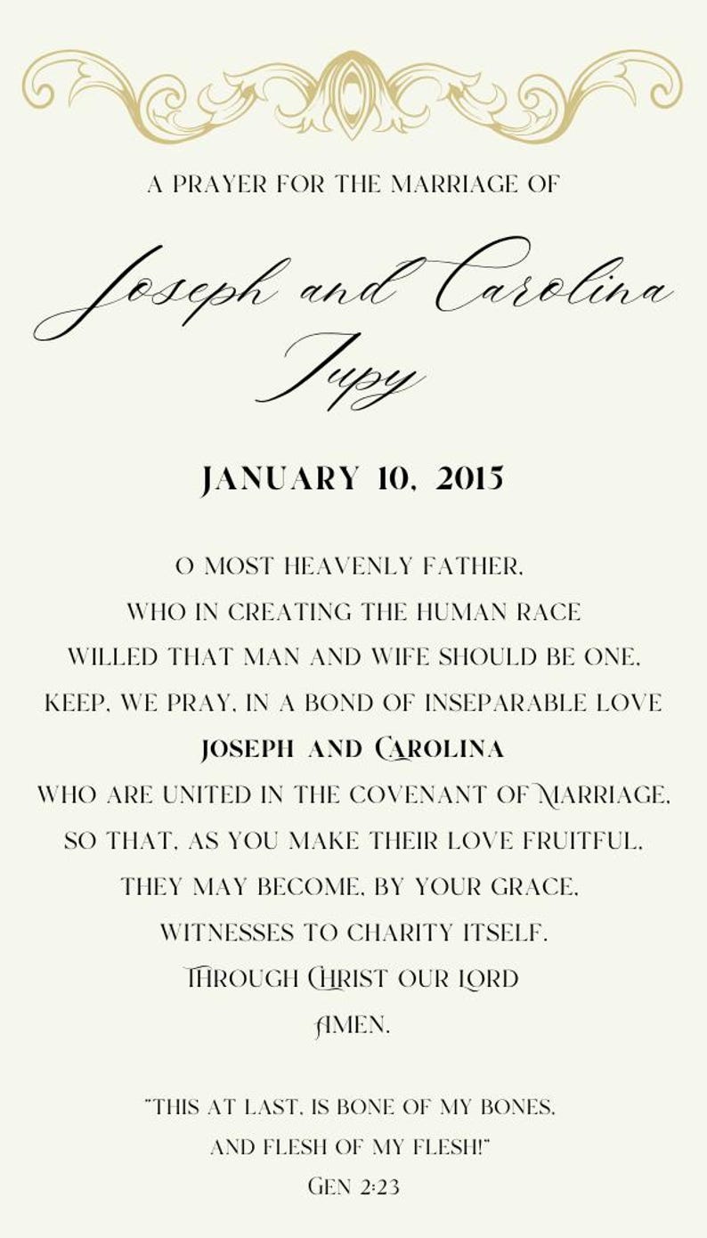 May include: A prayer for the marriage of Joseph and Carolina Jupy on January 10, 2015. The text includes a quote from the Bible, "This at last, is bone of my bones, and flesh of my flesh!"  Gen 2:23.