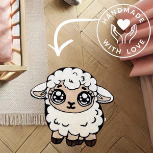 Grazioso tappeto in lana di pecora / tappeto trapuntato in lana al 100% / 87 x 91 cm (2,85 x 2,98 piedi) / tappeto fatto a mano con agnello kawaii / tappeto per cameretta e cameretta dei bambini