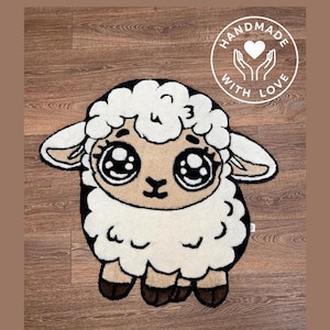 Joli tapis en laine de mouton | Tapis capitonné 100 % laine | 87 x 91 cm (2,85 x 2,98 pi) | Tapis d&#39;agneau kawaii fait main | Tapis animaux pour chambre d&#39;enfant et de bébé