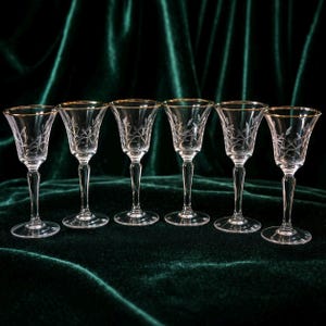 Mid-century etched cocktail / wine stemware (likely 1940s-1960s) Gold Rim Etched Crystal Wine Glasses Set of 6, Wheat Patternf