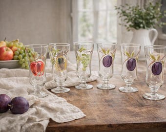 Set of 6 Vintage Hand Painted Fruit Cordial Glasses, Retro Barware Liqueur Glasses