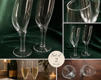 Art Devo. Champagne Flutes Set of 2 Clear Glass Tulip Shape Wine Glasses Elegant Toasting Glasses Wedding Barware Pair