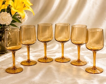 Vintage Scandinavian Amber Wine Glasses, Hand Blown Goblets, Mid Century Danish or Finnish Glassware, Set of Amber Stemware, 1960s–1980s