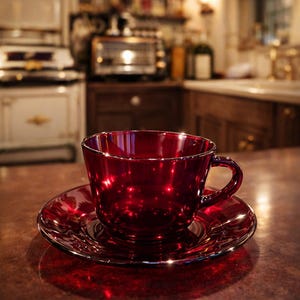 May include: A ruby red glass teacup and saucer set. The cup has a rounded shape with a handle, and the saucer is a matching circular design. The set is placed on a brown surface, with a blurred kitchen background.