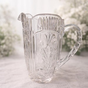 Crystal Clear Darlington Glass Pitcher – Etched Floral Water Jug – Ribbed Pressed Glass Farmhouse Decor