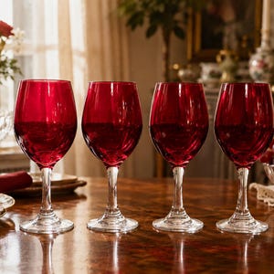 May include: A set of four wine glasses featuring deep red, translucent bowls and clear glass stems and bases. The glasses have a rounded, bulbous shape and are arranged in a horizontal row, showcasing a smooth, reflective surface finish.