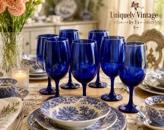 Vintage Luminarc France Cobalt Blue Goblets Set of 7….., 8.5 Inch Tall Stem Glasses, Iced Tea Water Goblets, Retro French Glassware