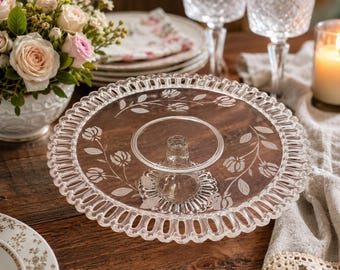 Crystal Clear Industries Melanie Rose Cake Stand | 12.75” Vintage Open Lace Pedestal Dish | Elegant Pressed Glass Collectible