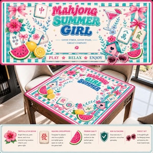 May include: A Mahjong Summer Girl game table cover with a tropical design. The cover features watermelon slices, lemons, hibiscus flowers, and the text "Mahjong Summer Girl". The table is set on a wooden table.
