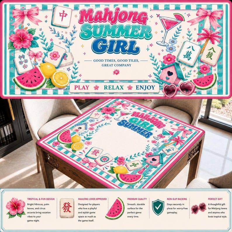 May include: A Mahjong Summer Girl game table cover with a tropical design. The cover features watermelon slices, lemons, hibiscus flowers, and the text "Mahjong Summer Girl". The table is set on a wooden table.