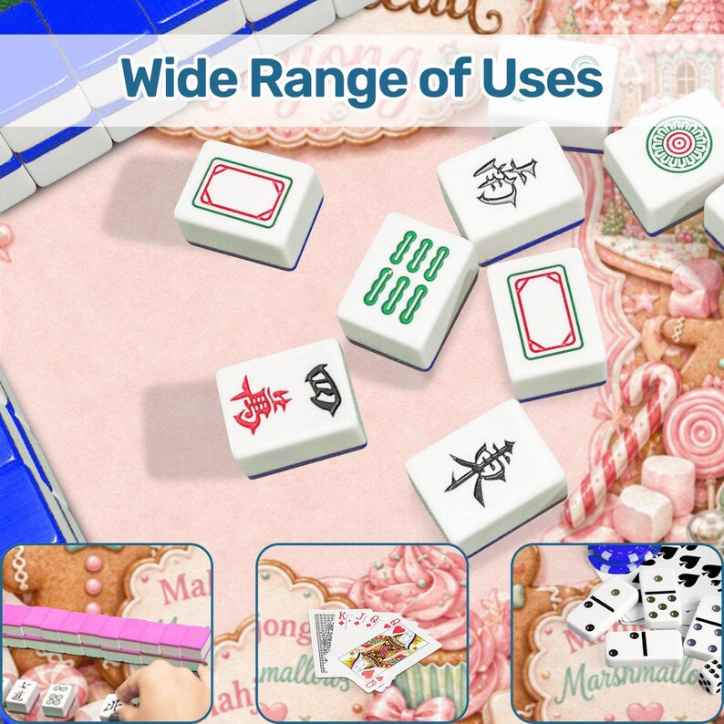 May include: A collection of white mahjong tiles with blue, green, and red markings, including Chinese characters and geometric patterns. The image features the text Wide Range of Uses and includes smaller inset panels showing playing cards and dominoes.