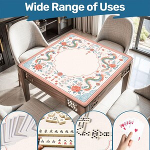 May include: A square game table with a light-colored surface featuring a decorative border of dragons and floral patterns. The table is surrounded by four chairs. Insets show playing cards, mahjong tiles, dominoes, and a hand holding cards.