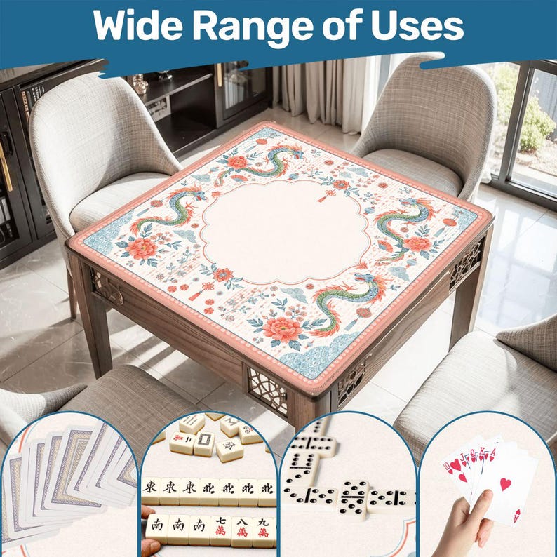 May include: A square game table with a light-colored surface featuring a decorative border of dragons and floral patterns. The table is surrounded by four chairs. Insets show playing cards, mahjong tiles, dominoes, and a hand holding cards.