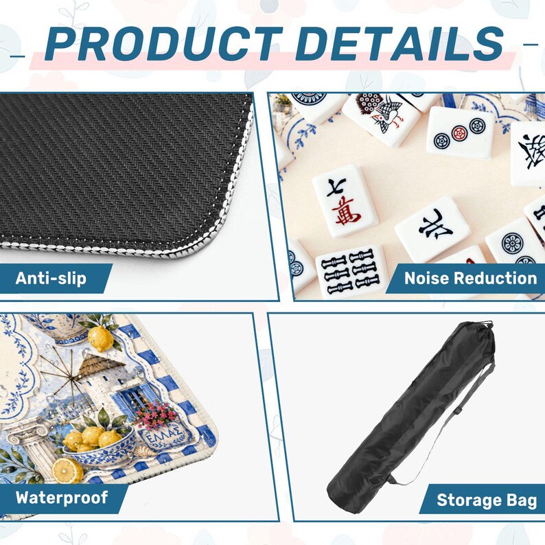 Op de afbeelding: Een productcollage met een zwarte antislip mattextuur, witte mahjongtegels voor geluidsreductie, een waterdichte mat met een blauw-witte Griekse citroenprint en een zwarte cilindervormige opbergtas met een verstelbare schouderband.