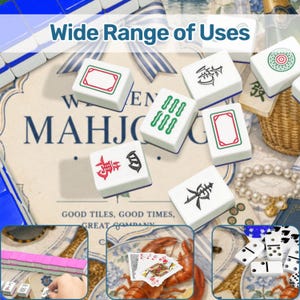 May include: White Mahjong tiles with various symbols and colored borders are scattered on a vintage-style background. The image includes the text "Wide Range of Uses" and "Good Tiles, Good Times, Great Company."