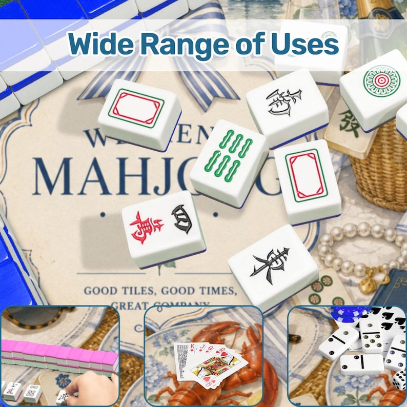 May include: White Mahjong tiles with various symbols and colored borders are scattered on a vintage-style background. The image includes the text "Wide Range of Uses" and "Good Tiles, Good Times, Great Company."
