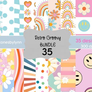 Retro groovy digitaal papier | Ontwerp met pastelthema | Ontwerpen voor babyshowers en scrapbooking | Bloempatronen voor voorjaarsknutsels